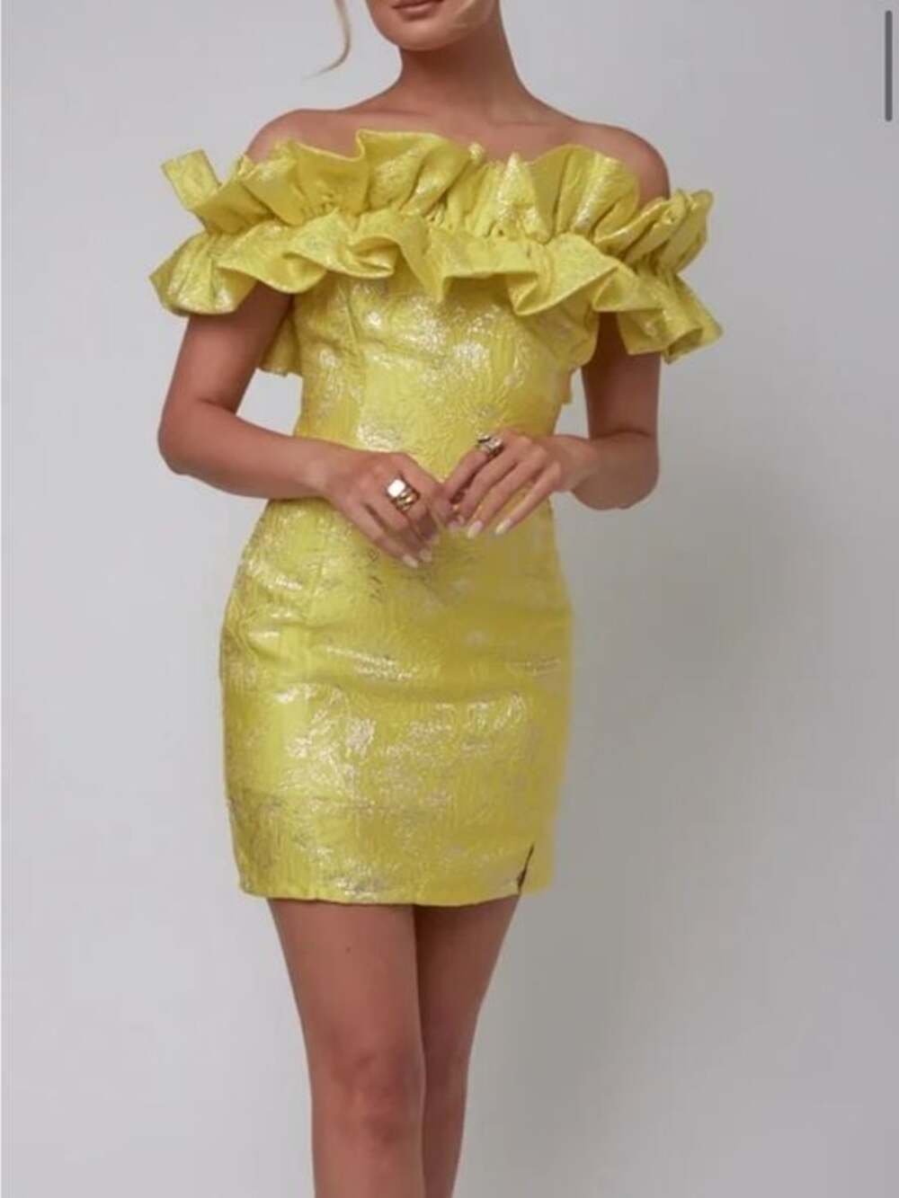 NWT Selfie Leslie Yellow Metallic Jacquard Off Shoulder Ruffle Mini Dress Size M